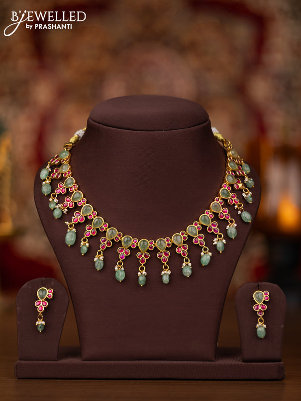 Jadau necklace with pink jadau & mint green stones and beads hangings