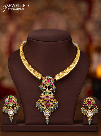 Jadau necklace with jadau kundan stones and pearl & mint green beads hangings