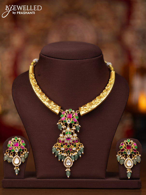 Jadau necklace with jadau kundan stones and pearl & mint green beads hangings