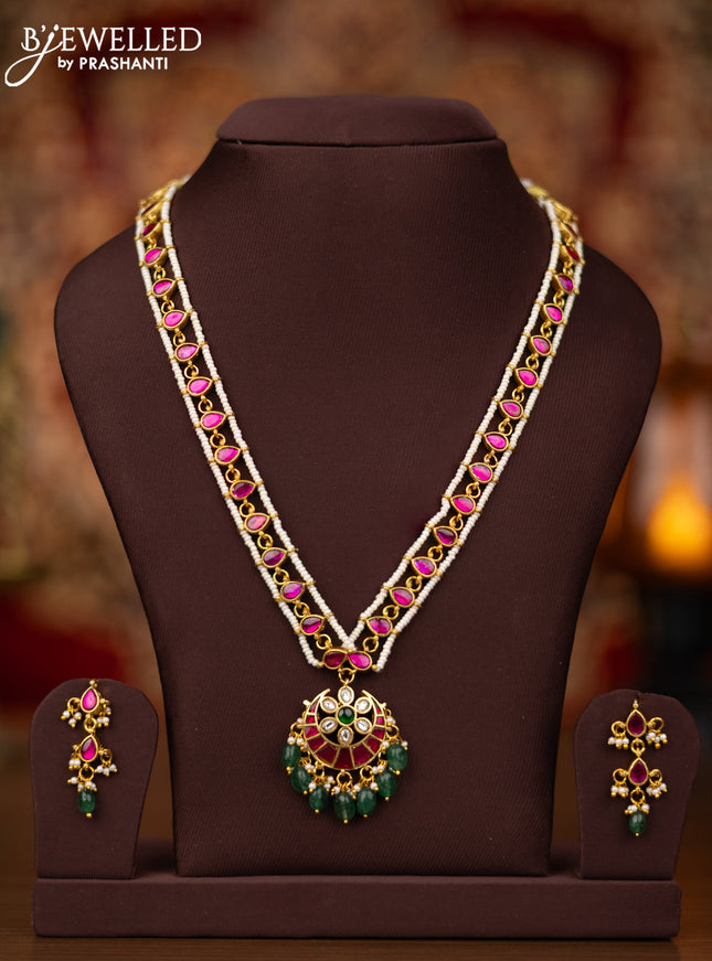 Jadau necklace chandbali design with jadau kundan stones and pearl & green beads hangings