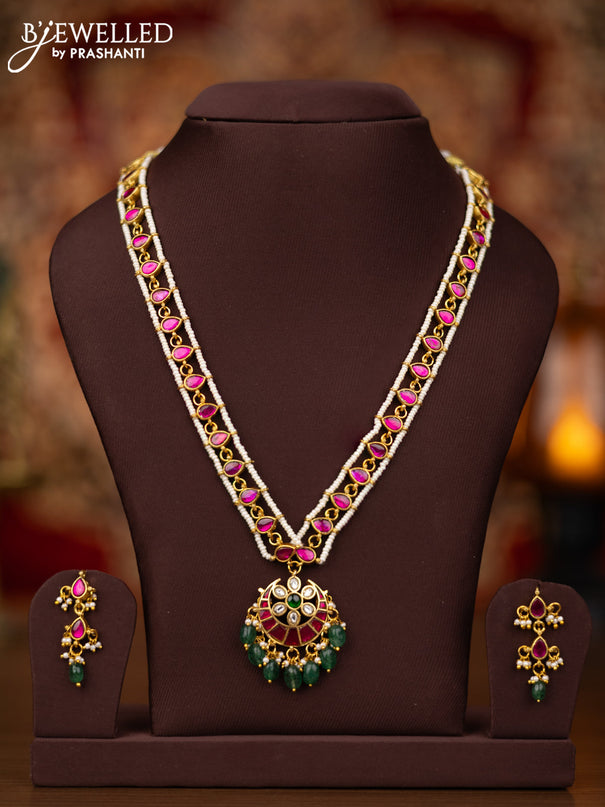 Jadau necklace chandbali design with jadau kundan stones and pearl & green beads hangings