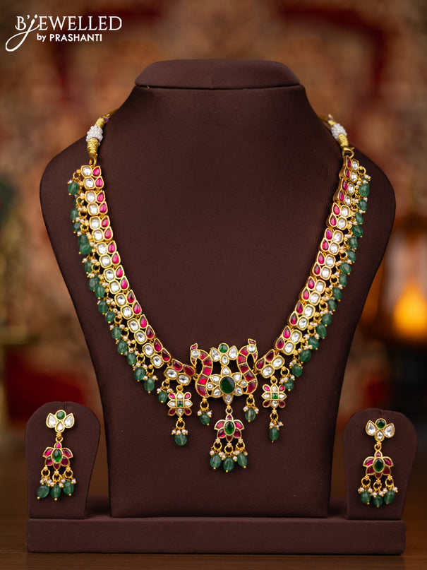 Jadau necklace with jadau kundan stones and pearl & green beads hangings