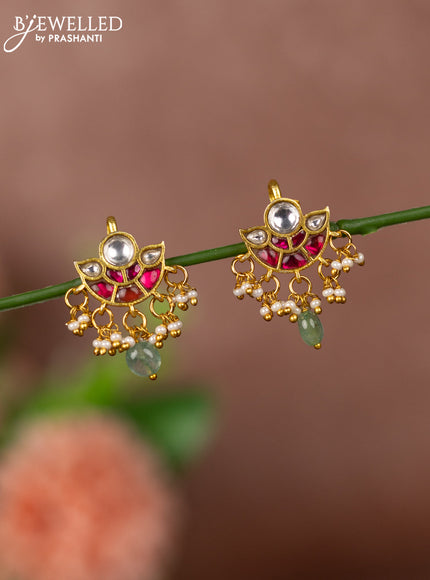 Bugadi earrings with pink jadau kundan stones and pearl & beads hangings