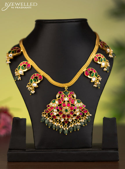 Antique attigai necklace peacock design with jadau kundan stones and natural beads & pearl hangings without earrings