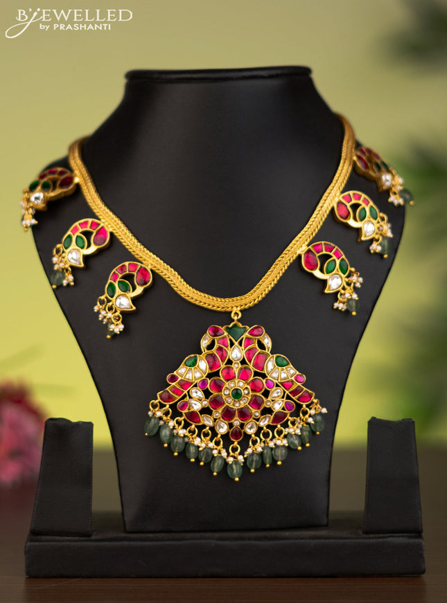 Antique attigai necklace peacock design with jadau kundan stones and natural beads & pearl hangings without earrings