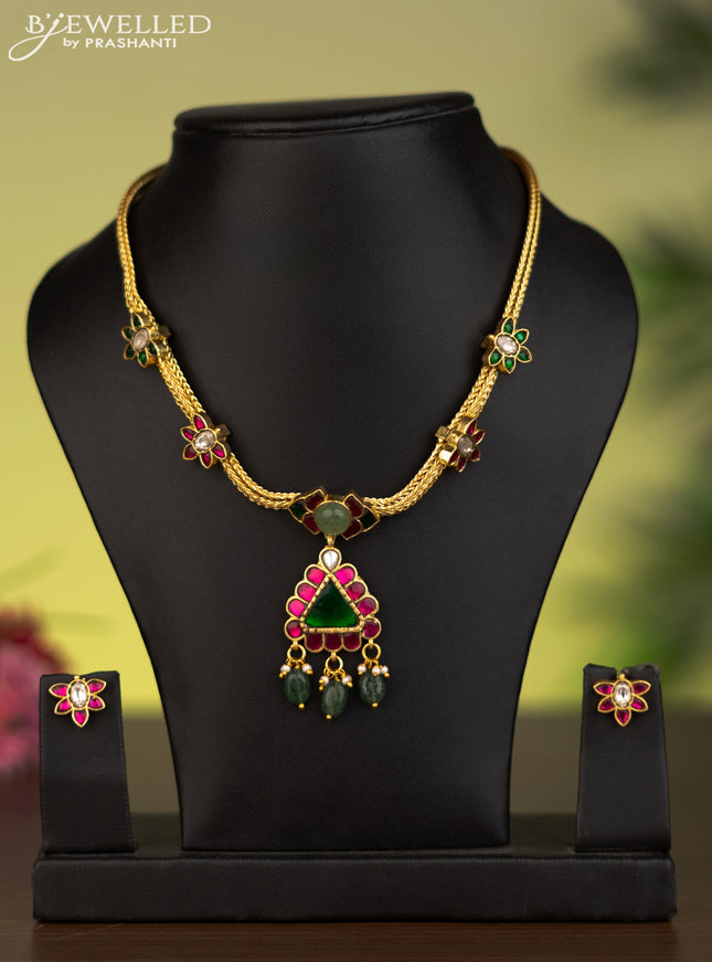 Antique attigai necklace with jadau kundan stones and natural beads & pearl hangings