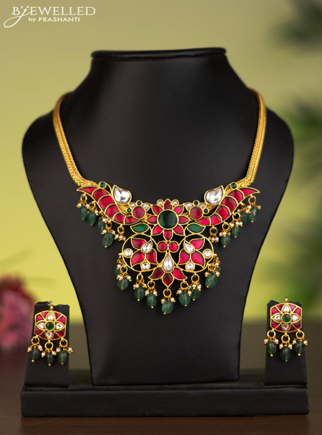 Antique attigai necklace with jadau kundan stones and natural beads & pearl hangings