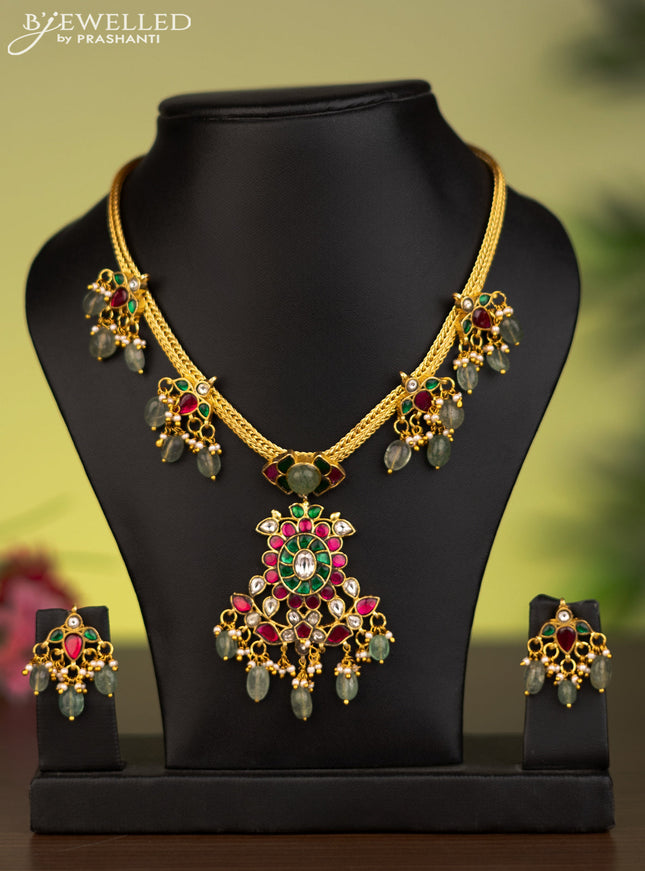 Antique attigai necklace with jadau kundan stones and natural beads & pearl hangings