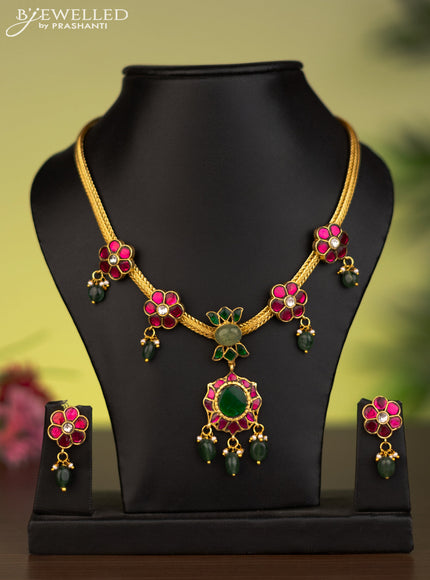 Antique attigai necklace with jadau kundan stones and natural beads & pearl hangings