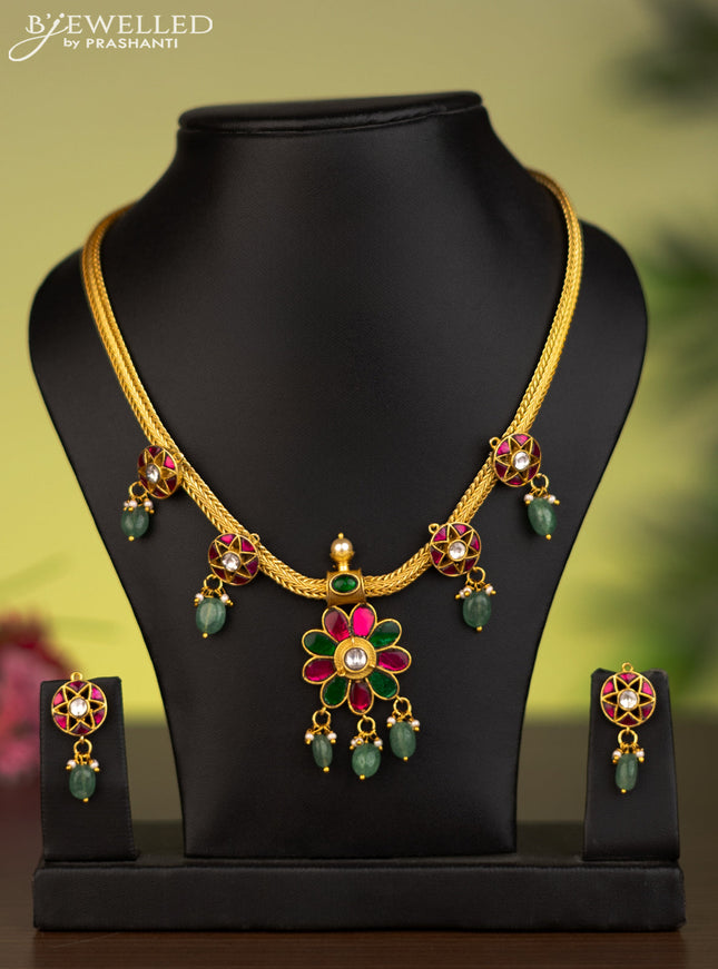 Antique attigai necklace floral necklace with jadau kundan stones and natural beads & pearl hangings