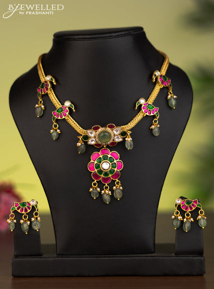 Antique attigai necklace parrot pendant with jadau kundan stones and natural beads & pearl hangings