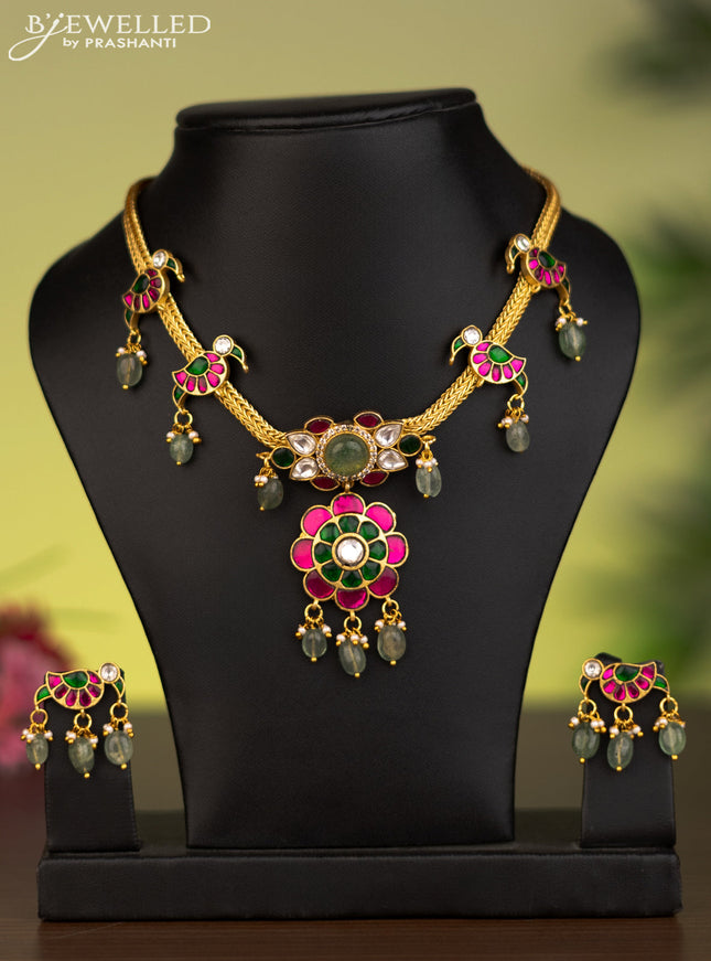 Antique attigai necklace parrot pendant with jadau kundan stones and natural beads & pearl hangings