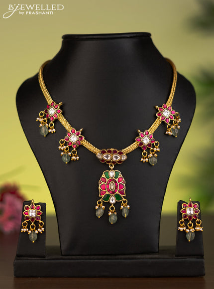 Antique attigai necklace with jadau kundan stones and natural beads & pearl hangings