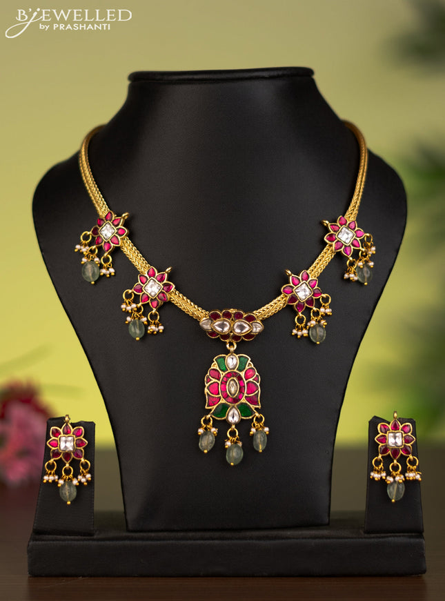 Antique attigai necklace with jadau kundan stones and natural beads & pearl hangings