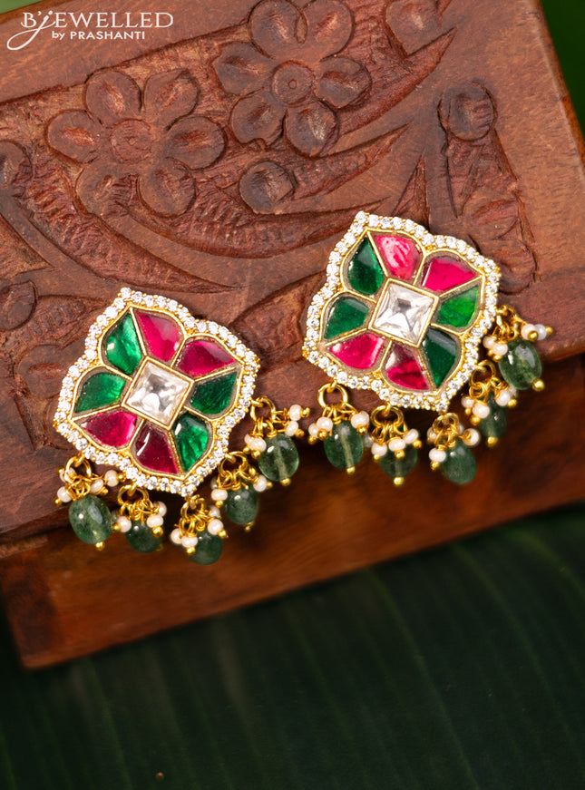 Antique screw type earrings with jadau kundan stones and natural beads hanging