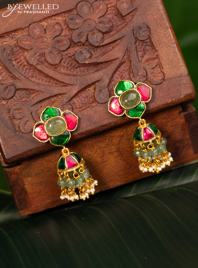 Antique screw type jhumka with jadau stones and natural beads & pearl hangings