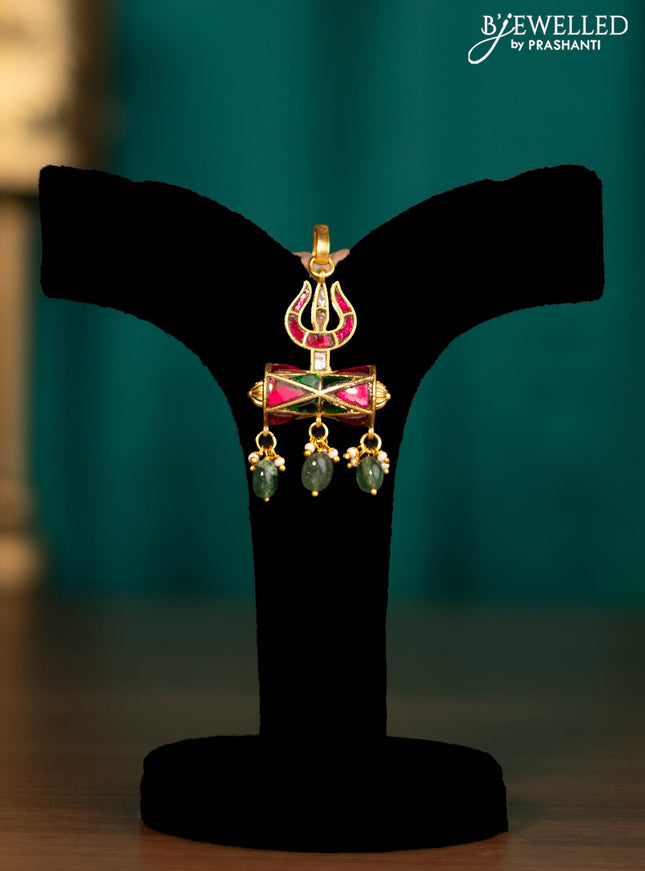 Antique pendant shivalingam design with jadau kundan and natural beads & pearl hangings stones without earrings