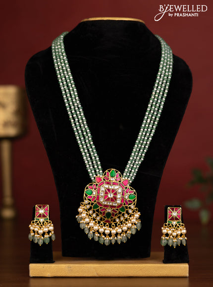 Beaded multilayer green haaram with jadau kundan stones and natural beads & pearl hangings