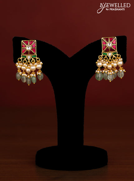 Beaded multilayer green haaram with jadau kundan stones and natural beads & pearl hangings