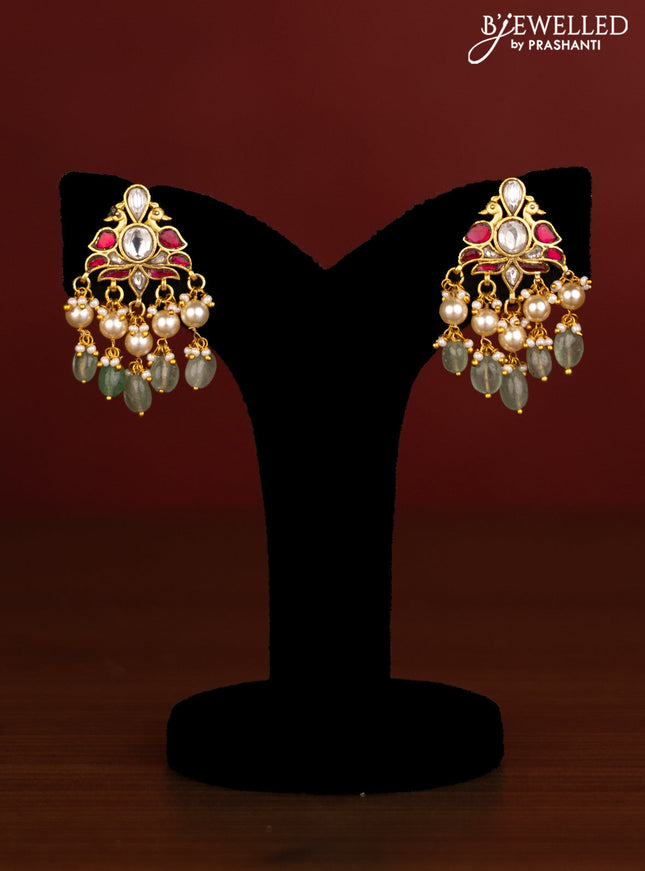 Beaded multilayer green haaram peacock design with pink jadau kundan stones and natural beads & pearl hangings