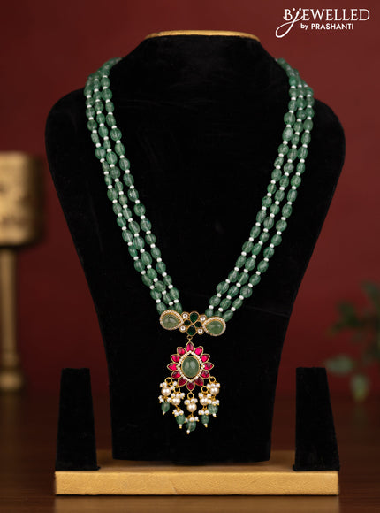 Beaded triple layer green haaram with jadau kundan stones and natural beads & pearl hangings