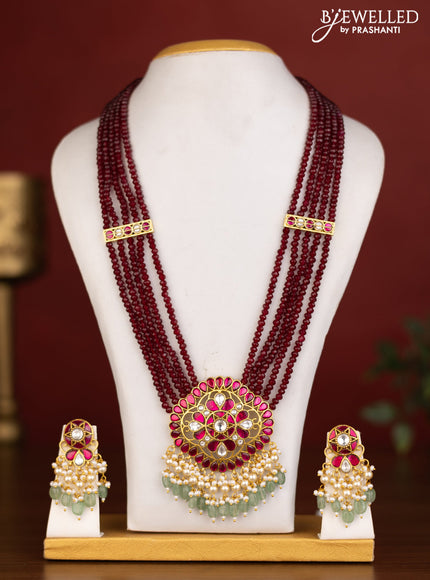 Beaded multilayer maroon haaram with pink jadau kundan stones and natural beads & pearl hangings