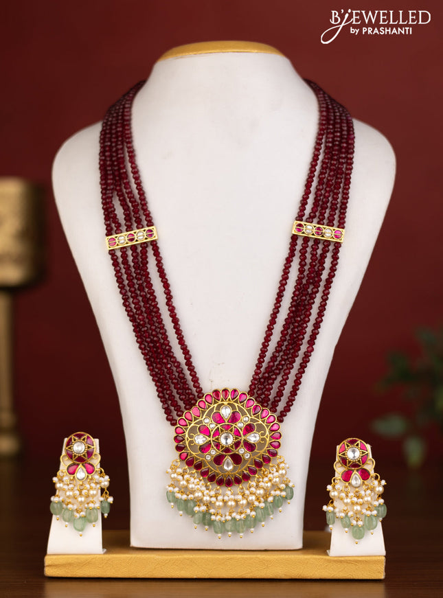 Beaded multilayer maroon haaram with pink jadau kundan stones and natural beads & pearl hangings