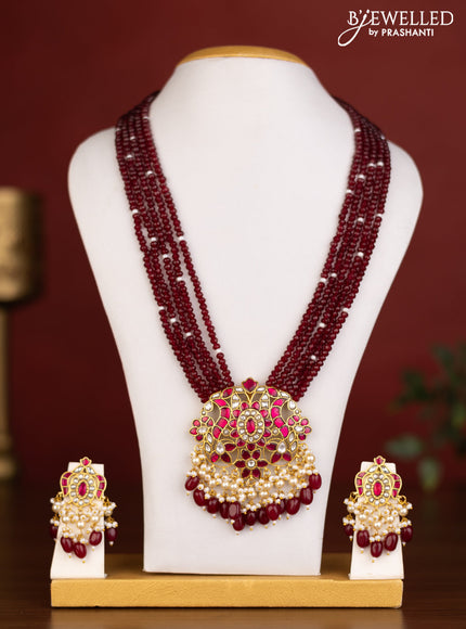 Beaded multilayer maroon haaram with pink jadau kundan stones and natural beads & pearl hangings