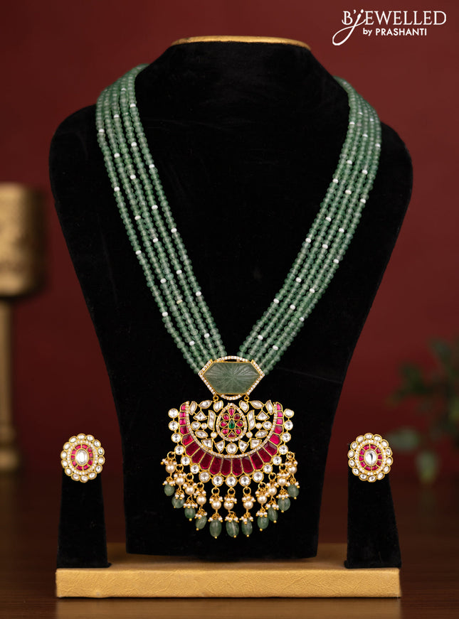 Beaded multilayer green haaram with jadau kundan stones and natural beads & pearl hangings