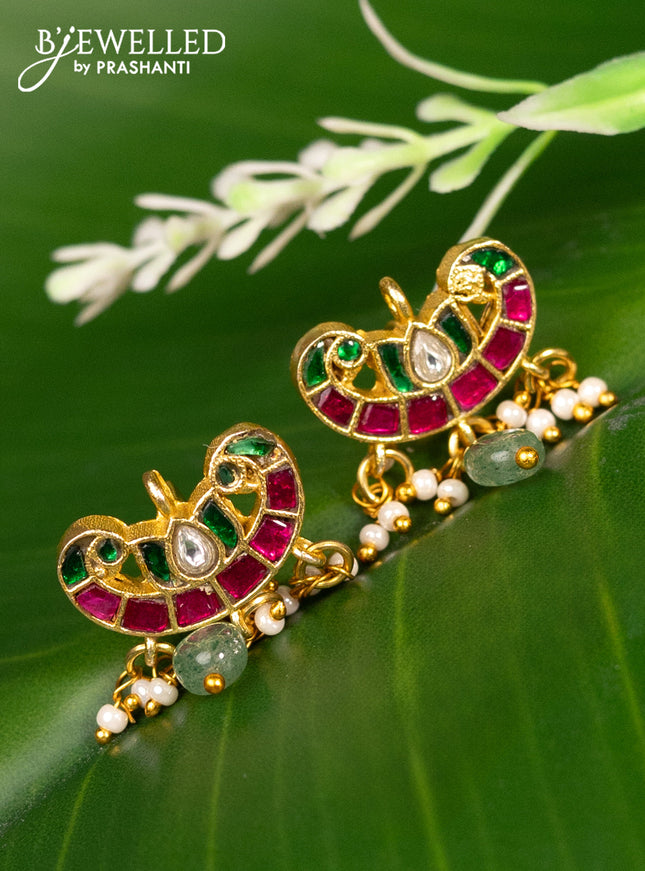 Bugadi earrings lotus design with jadau kundan stones and pearl & beads hanging