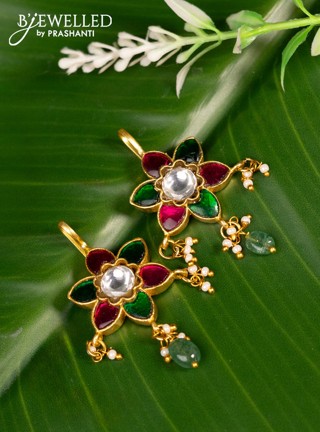 Bugadi earrings floral design with jadau kundan stones and pearl & beads hanging