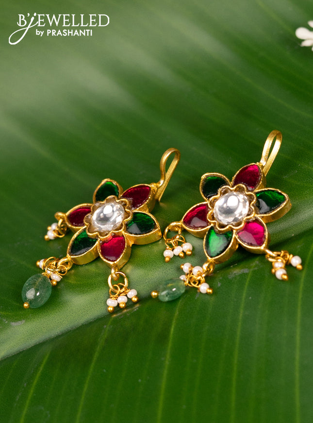 Bugadi earrings floral design with jadau kundan stones and pearl & beads hanging