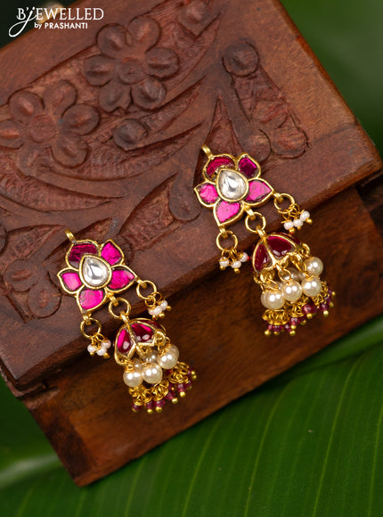 Antique jhumka with pink jadau kundan stones and pearl & beads hanging