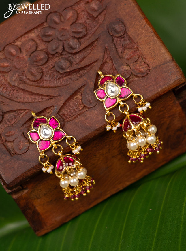 Antique jhumka with pink jadau kundan stones and pearl & beads hanging