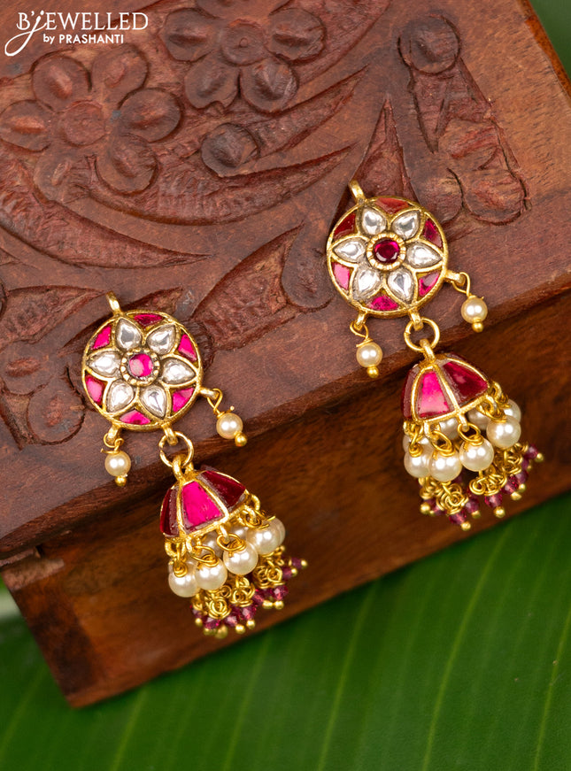 Antique jhumka with pink jadau kundan stones and pearl & beads hanging