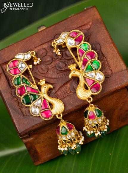Antique earcuff jhumka peacock design with jadau kundan stones and pearl & beads hanging