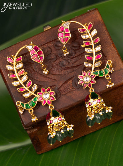 Antique earcuff jhumka with jadau kundan stones and pearl & beads hanging