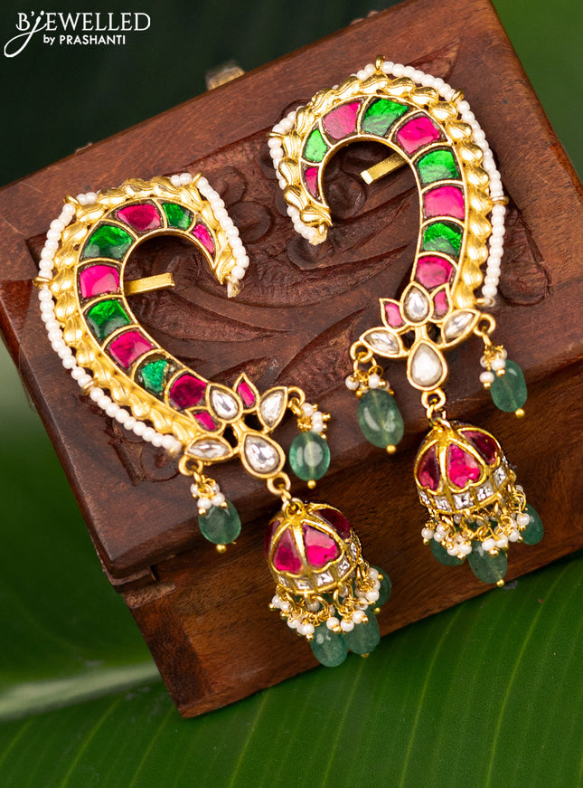 Antique earcuff jhumka with jadau kundan stones and pearl & beads hanging