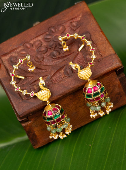 Antique earcuff jhumka peacock design with jadau kundan stones and pearl & beads hanging