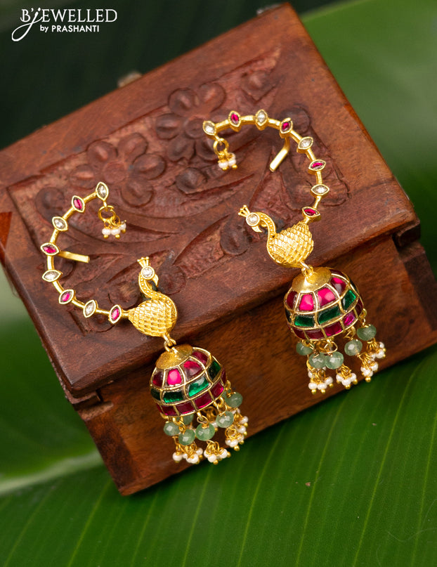 Antique earcuff jhumka peacock design with jadau kundan stones and pearl & beads hanging