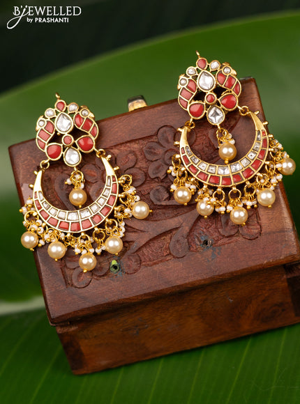 Antique screw type earrings chandbali design with pavalam & kundan stones and pearl hangings