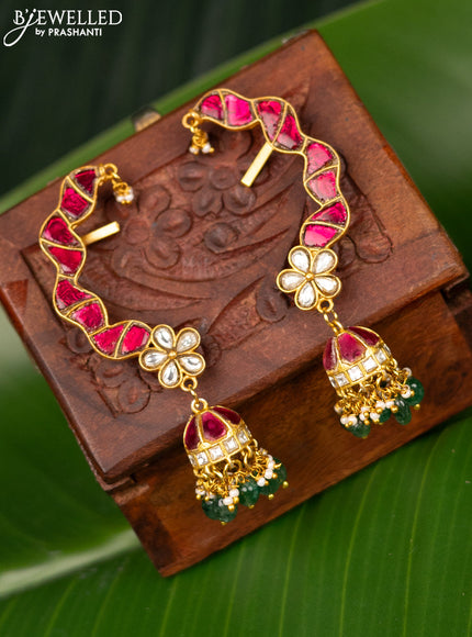 Antique earcuff jhumka with pink jadau kundan stones and pearl & beads hanging