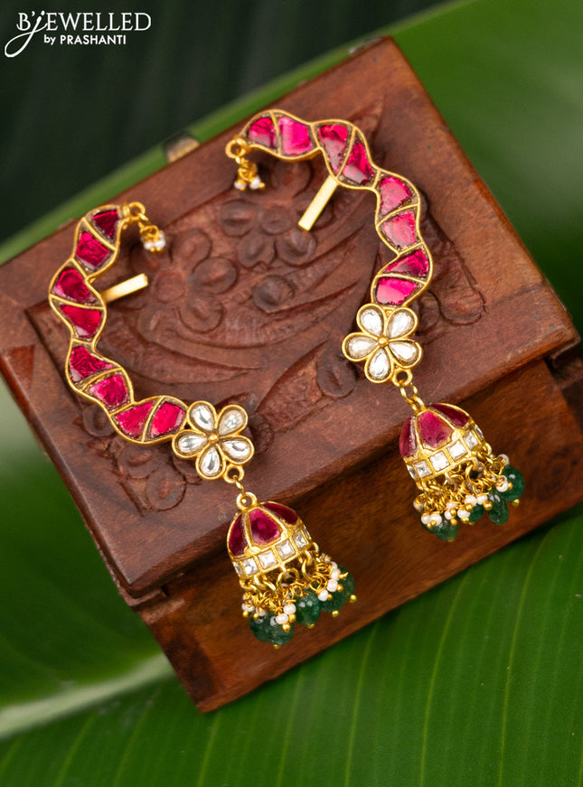 Antique earcuff jhumka with pink jadau kundan stones and pearl & beads hanging