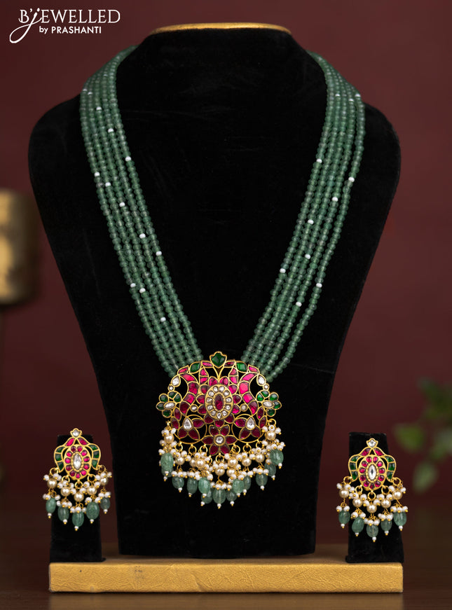 Antique beaded green necklace floral pendant with jadau kundan stones and pearl & beads hangings