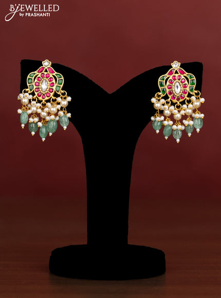 Antique beaded green necklace floral pendant with jadau kundan stones and pearl & beads hangings