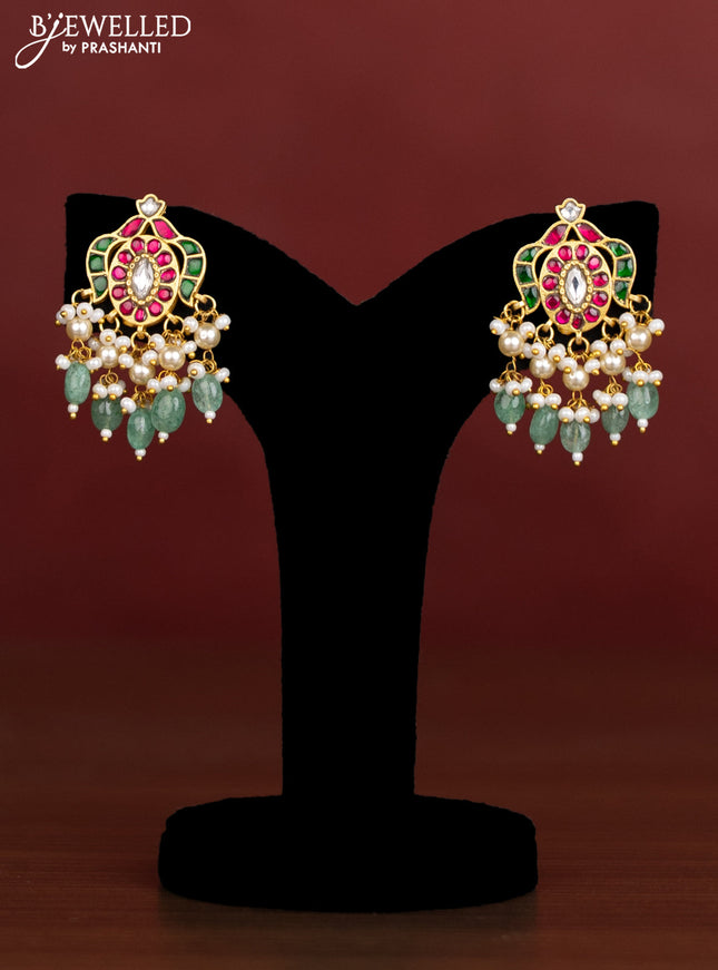 Antique beaded green necklace floral pendant with jadau kundan stones and pearl & beads hangings