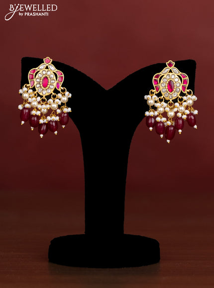 Antique beaded maroon necklace floral pendant with jadau kundan stones and pearl & beads hangings