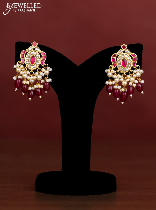 Antique beaded maroon necklace floral pendant with jadau kundan stones and pearl & beads hangings