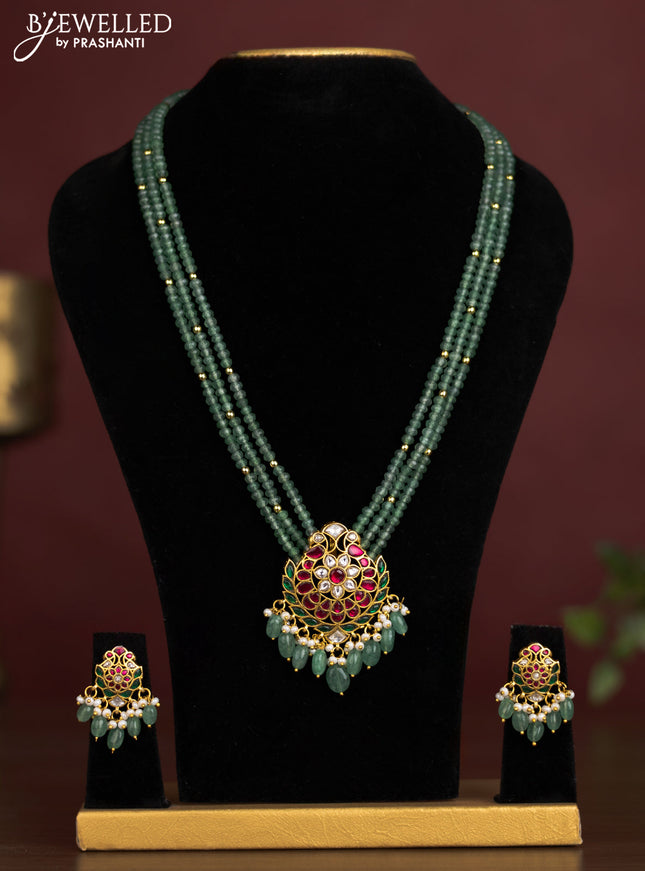 Antique beaded green necklace floral pendant with jadau kundan stones and pearl & beads hangings