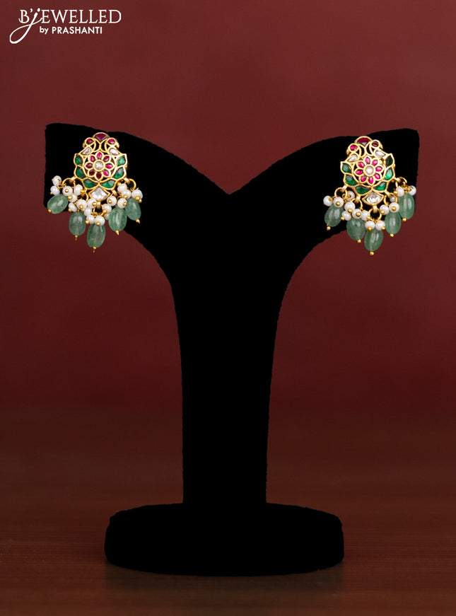 Antique beaded green necklace floral pendant with jadau kundan stones and pearl & beads hangings